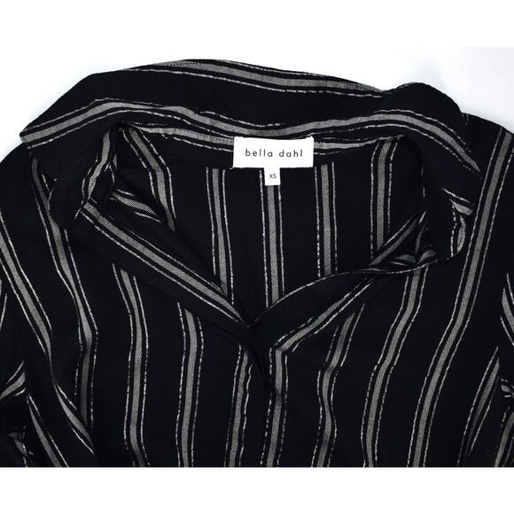 A6 NEW BELLA DAHL Black Striped Lurex Rayon Covered Buttons Shirt Dress Size XS - Picture 5 of 7